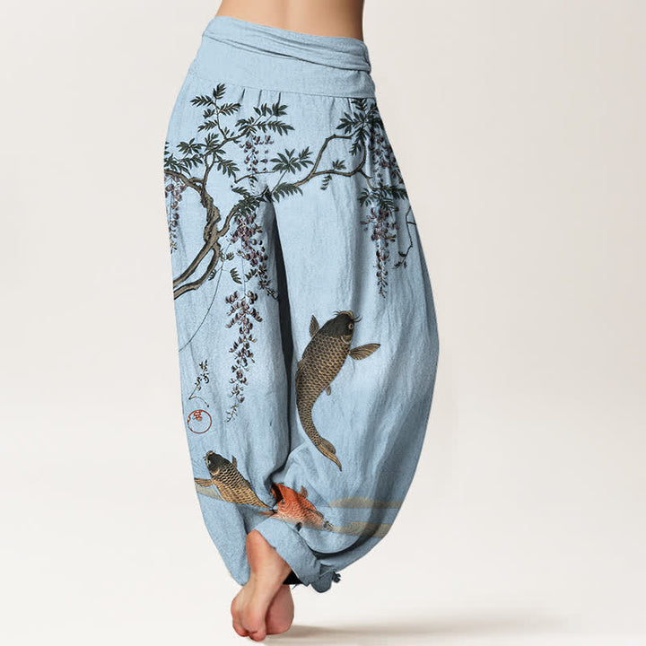Buddha Stones Pantaloni harem da donna in cotone con motivo a carpe koi e glicine, con elastico in vita. - image 7