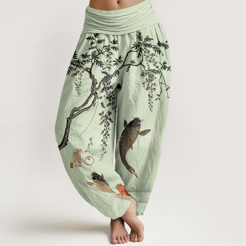 Buddha Stones Pantaloni harem da donna in cotone con motivo a carpe koi e glicine, con elastico in vita. - Verde pallido - US16, UK/AU20, EU48 (3XL) - image 8