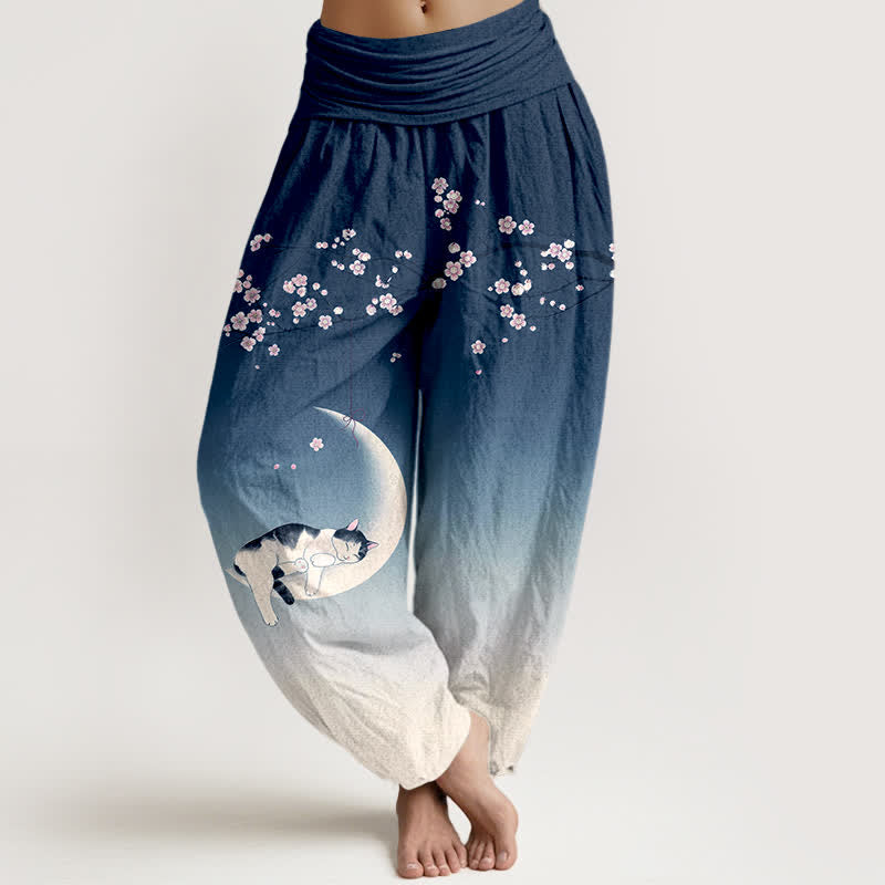 Buddha Stones Pantaloni harem da donna in cotone con motivo gatti e luna di ciliegio, con elastico in vita. - Marina - US16, UK/AU20, EU48 (3XL) - image 0