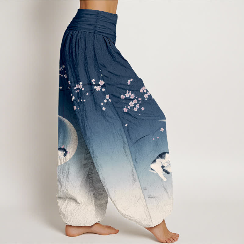 Buddha Stones Pantaloni harem da donna in cotone con motivo gatti e luna di ciliegio, con elastico in vita. - image 1