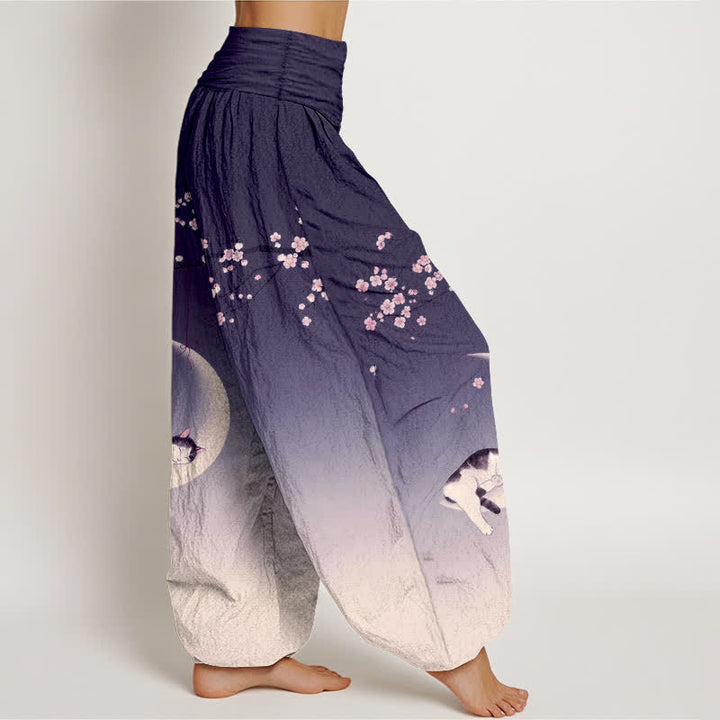 Buddha Stones Pantaloni harem da donna in cotone con motivo gatti e luna di ciliegio, con elastico in vita. - image 6
