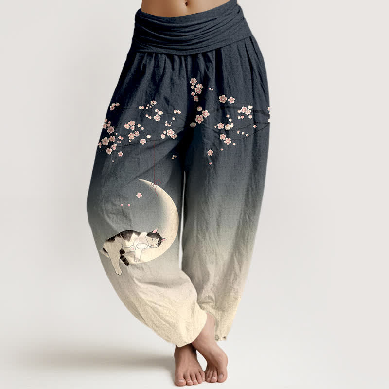 Buddha Stones Pantaloni harem da donna in cotone con motivo gatti e luna di ciliegio, con elastico in vita. - Grigio ardesia - US16, UK/AU20, EU48 (3XL) - image 8