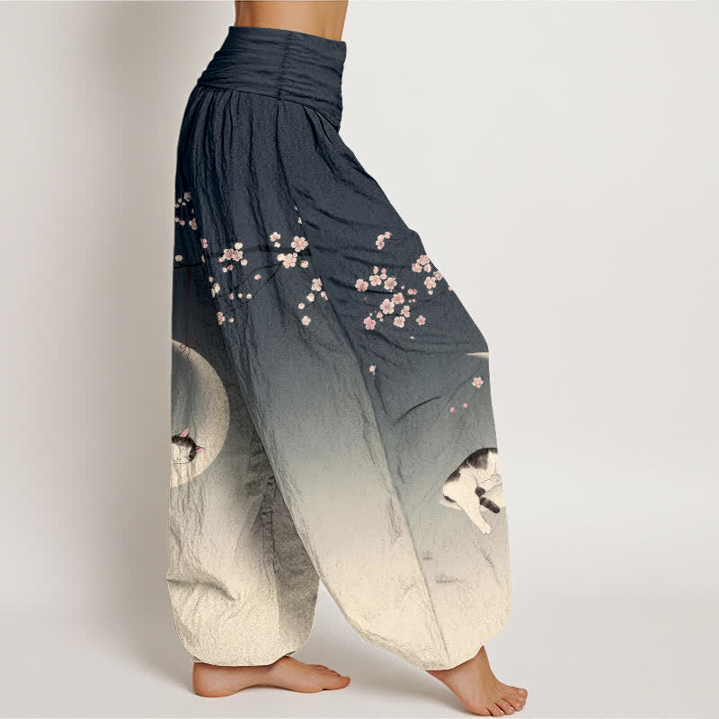 Buddha Stones Pantaloni harem da donna in cotone con motivo gatti e luna di ciliegio, con elastico in vita. - image 9