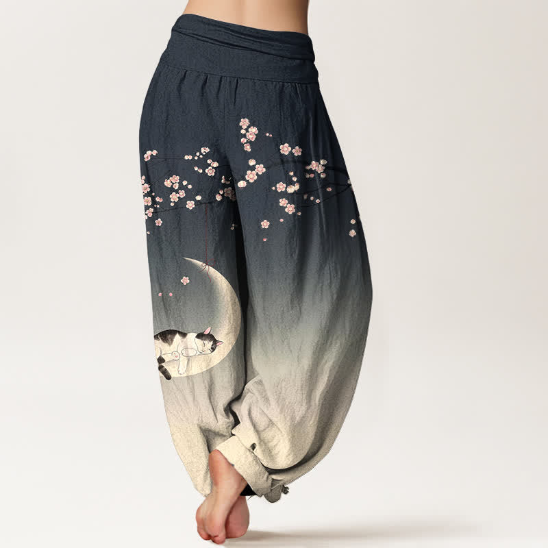 Buddha Stones Pantaloni harem da donna in cotone con motivo gatti e luna di ciliegio, con elastico in vita. - image 10