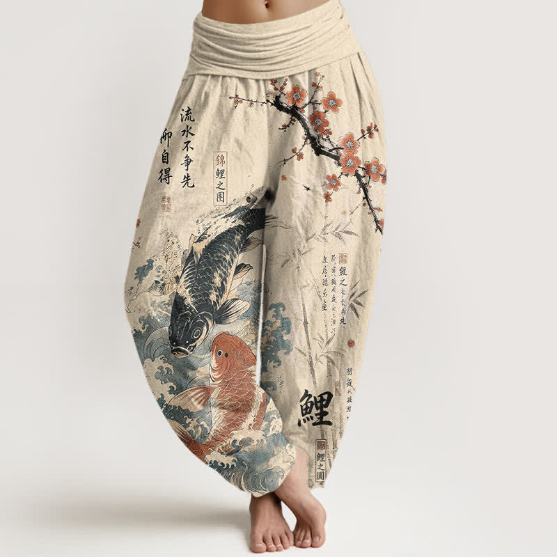 Buddha Stones Pantaloni harem da donna in cotone con elastico in vita e motivo calligrafico di carpe koi. - Beige - US16, UK/AU20, EU48 (3XL) - image 0