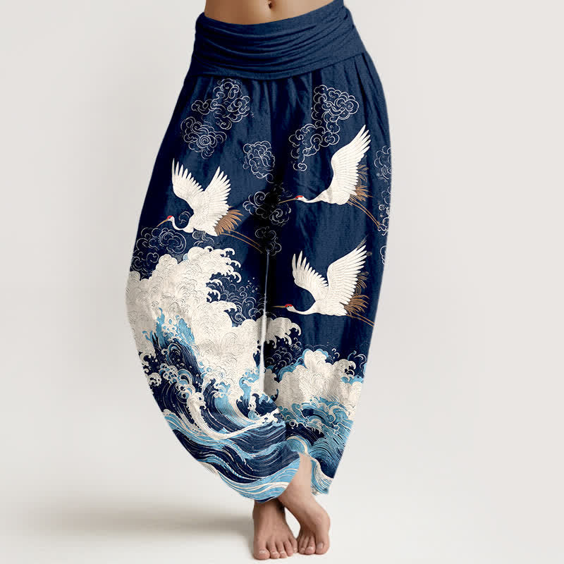 Buddha Stones Pantaloni harem da donna in cotone con motivo a nuvole e gru, vita elasticizzata. - Marina - US16, UK/AU20, EU48 (3XL) - image 0