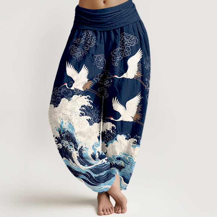 Buddha Stones Pantaloni harem da donna in cotone con motivo a nuvole e gru, vita elasticizzata. - Marina - US16, UK/AU20, EU48 (3XL) - image 0