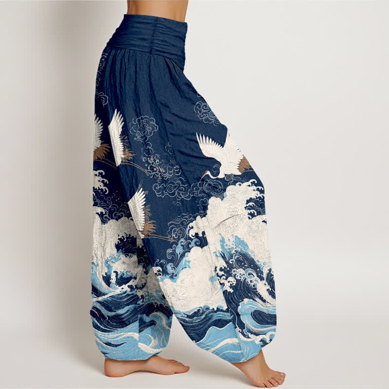 Buddha Stones Pantaloni harem da donna in cotone con motivo a nuvole e gru, vita elasticizzata. - image 1