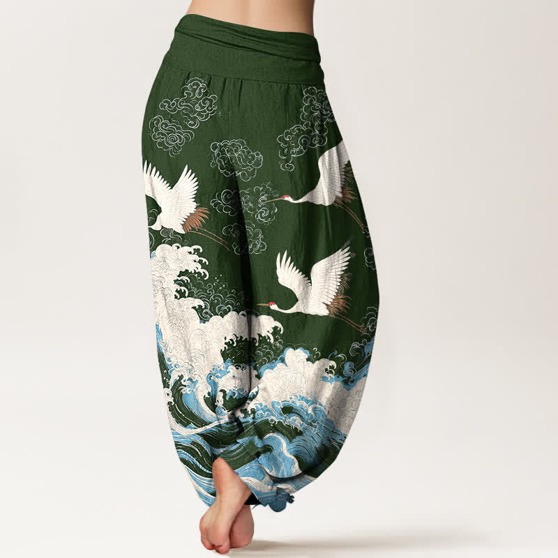 Buddha Stones Pantaloni harem da donna in cotone con motivo a nuvole e gru, vita elasticizzata. - image 7