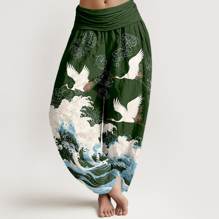 Buddha Stones Pantaloni harem da donna in cotone con motivo a nuvole e gru, vita elasticizzata. - Verde scuro - US16, UK/AU20, EU48 (3XL) - image 5