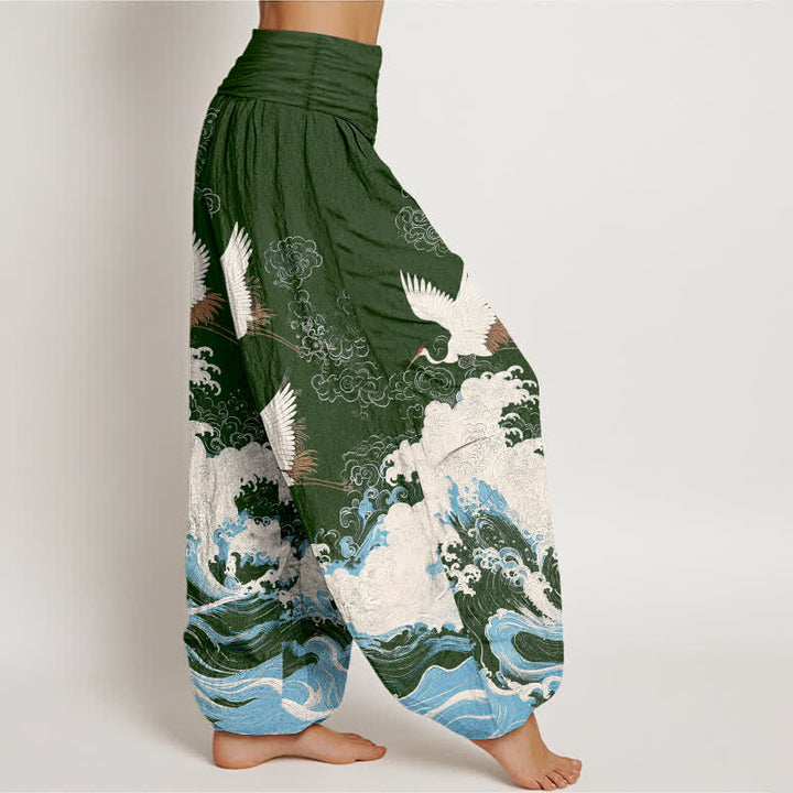 Buddha Stones Pantaloni harem da donna in cotone con motivo a nuvole e gru, vita elasticizzata. - image 6