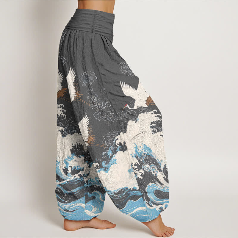 Buddha Stones Pantaloni harem da donna in cotone con motivo a nuvole e gru, vita elasticizzata. - image 9