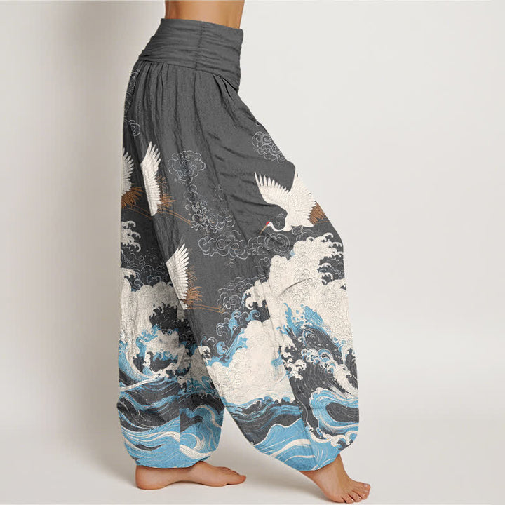 Buddha Stones Pantaloni harem da donna in cotone con motivo a nuvole e gru, vita elasticizzata. - image 9