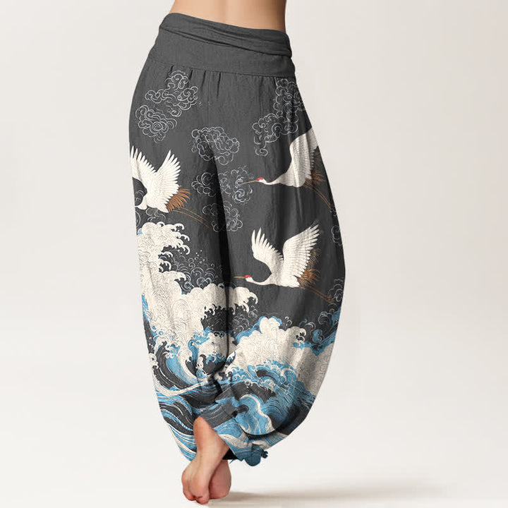 Buddha Stones Pantaloni harem da donna in cotone con motivo a nuvole e gru, vita elasticizzata. - image 10