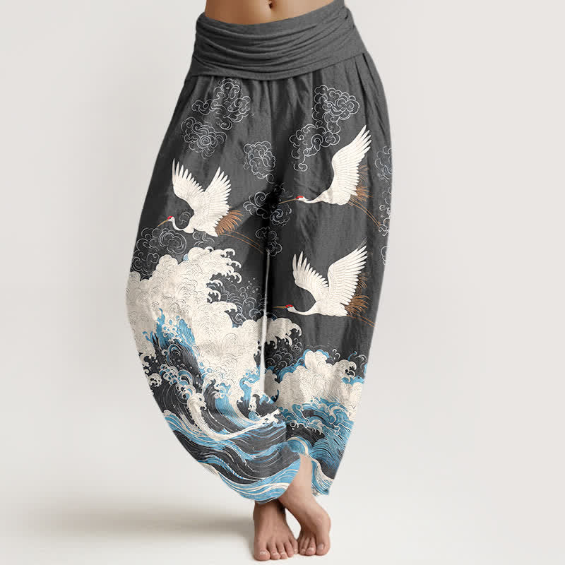 Buddha Stones Pantaloni harem da donna in cotone con motivo a nuvole e gru, vita elasticizzata. - Grigio tenue - US16, UK/AU20, EU48 (3XL) - image 8
