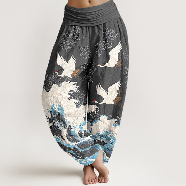 Buddha Stones Pantaloni harem da donna in cotone con motivo a nuvole e gru, vita elasticizzata. - Grigio tenue - US16, UK/AU20, EU48 (3XL) - image 8