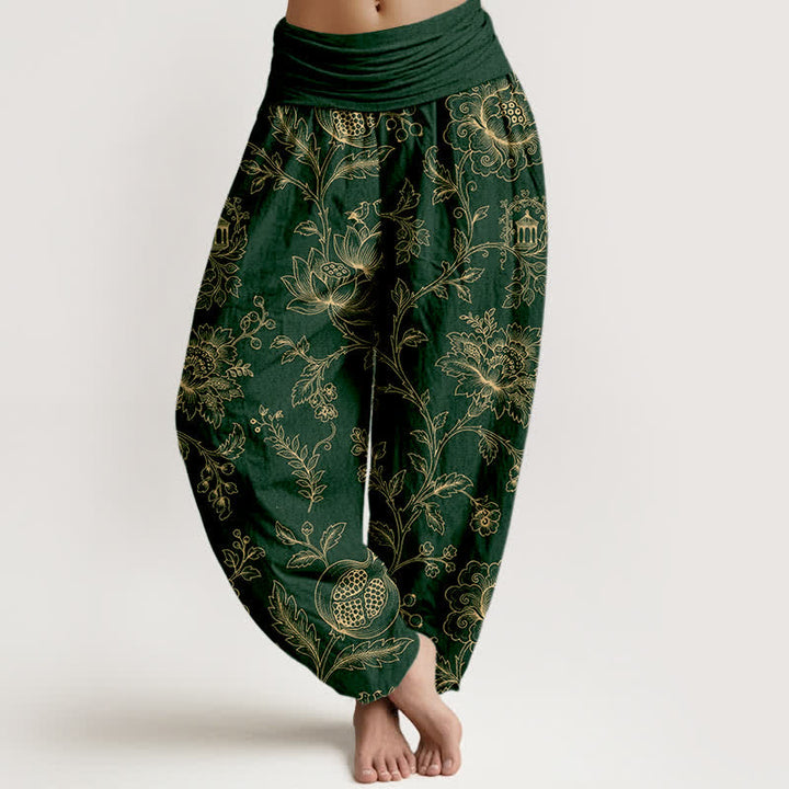 Buddha Stones Pantaloni harem da donna in cotone con motivo floreale dorato e vita elasticizzata. - Verde scuro - US16, UK/AU20, EU48 (3XL) - image 0