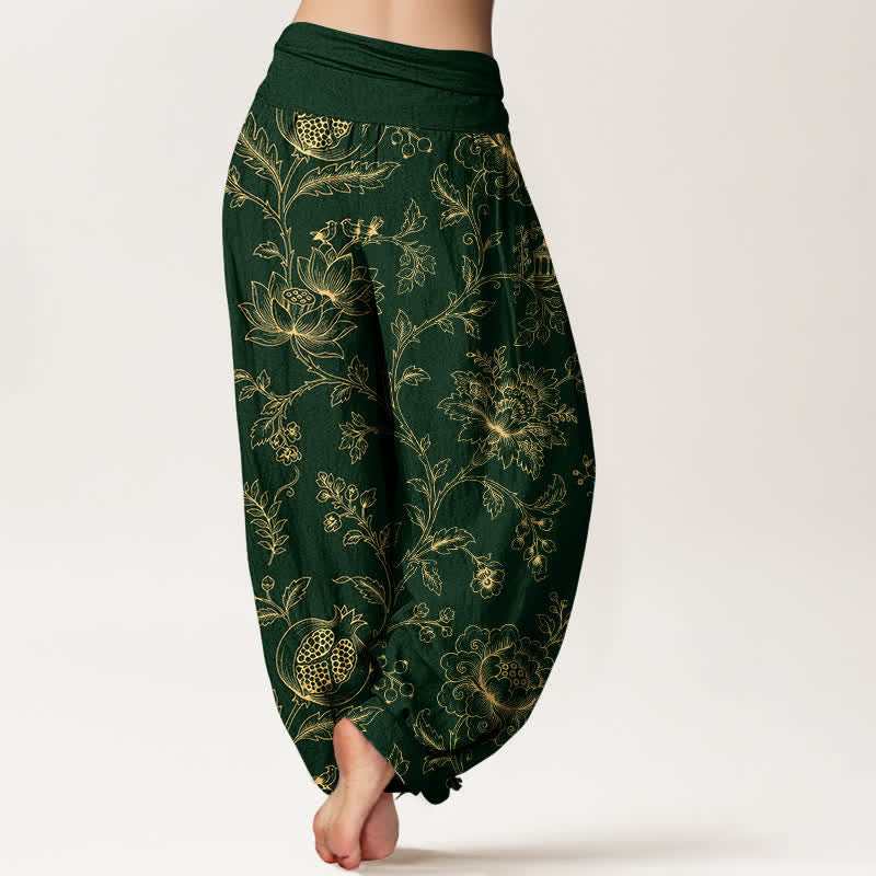 Buddha Stones Pantaloni harem da donna in cotone con motivo floreale dorato e vita elasticizzata. - image 2