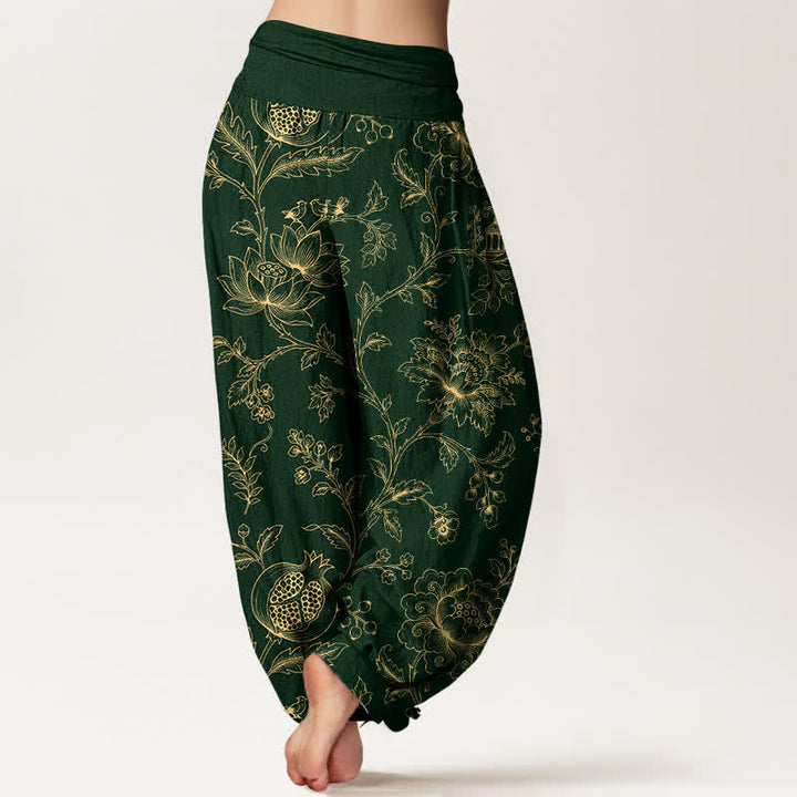 Buddha Stones Pantaloni harem da donna in cotone con motivo floreale dorato e vita elasticizzata. - image 2
