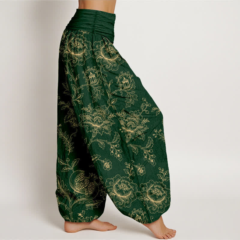 Buddha Stones Pantaloni harem da donna in cotone con motivo floreale dorato e vita elasticizzata. - image 1