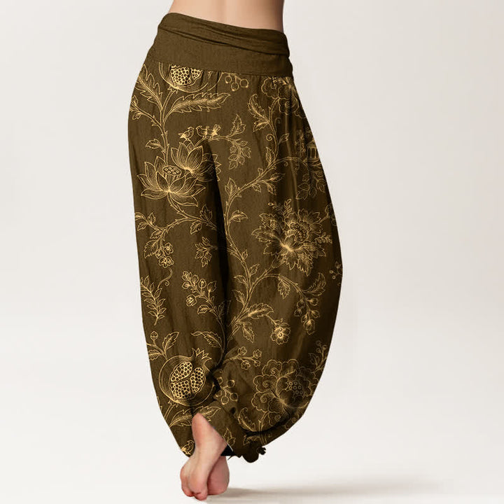 Buddha Stones Pantaloni harem da donna in cotone con motivo floreale dorato e vita elasticizzata. - image 7