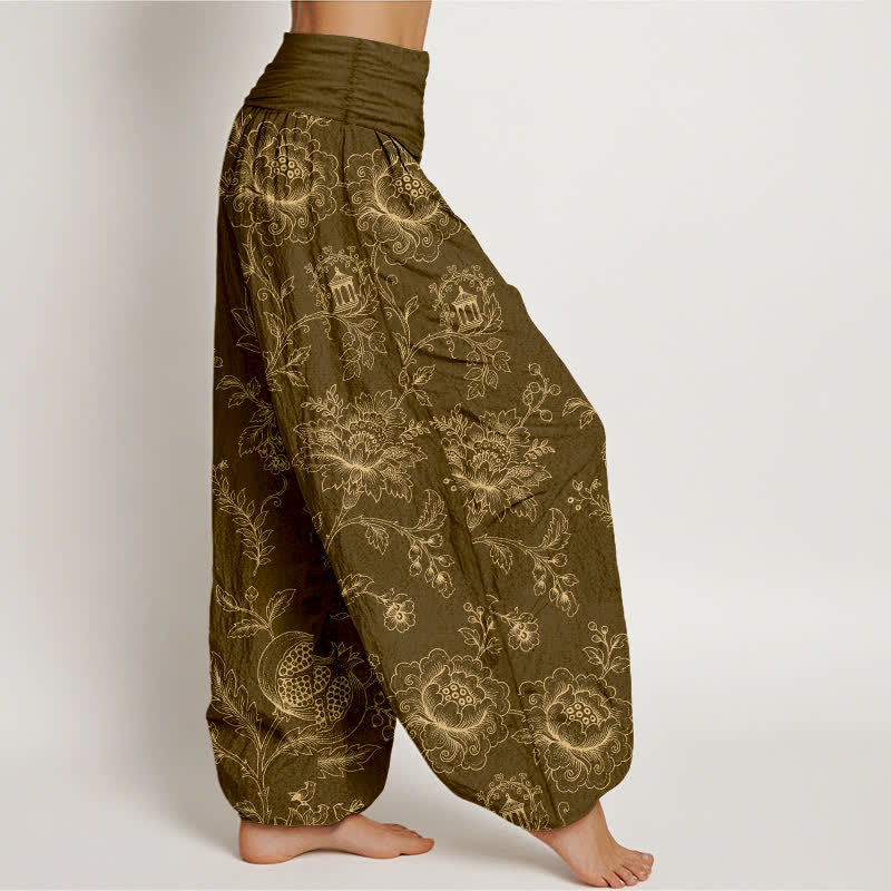 Buddha Stones Pantaloni harem da donna in cotone con motivo floreale dorato e vita elasticizzata. - image 6
