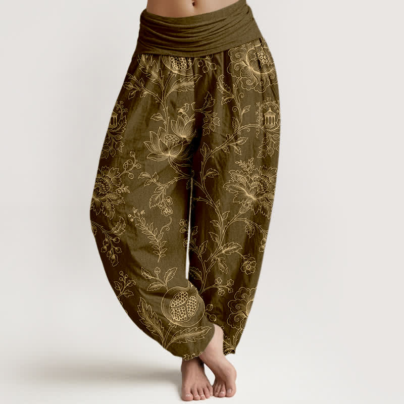 Buddha Stones Pantaloni harem da donna in cotone con motivo floreale dorato e vita elasticizzata. - Oliva - US16, UK/AU20, EU48 (3XL) - image 5