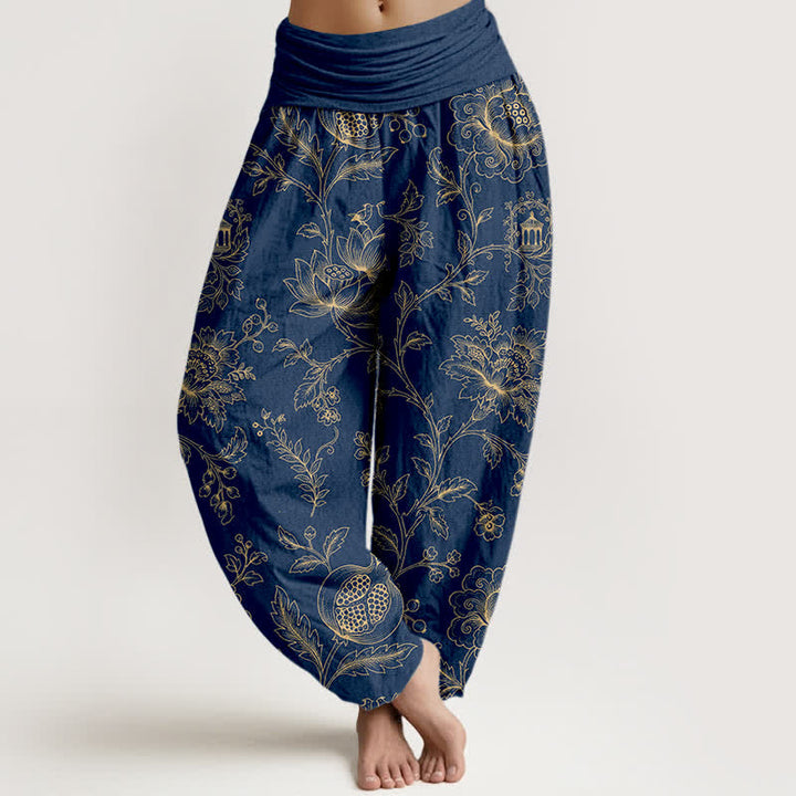 Buddha Stones Pantaloni harem da donna in cotone con motivo floreale dorato e vita elasticizzata. - Marina - US16, UK/AU20, EU48 (3XL) - image 8