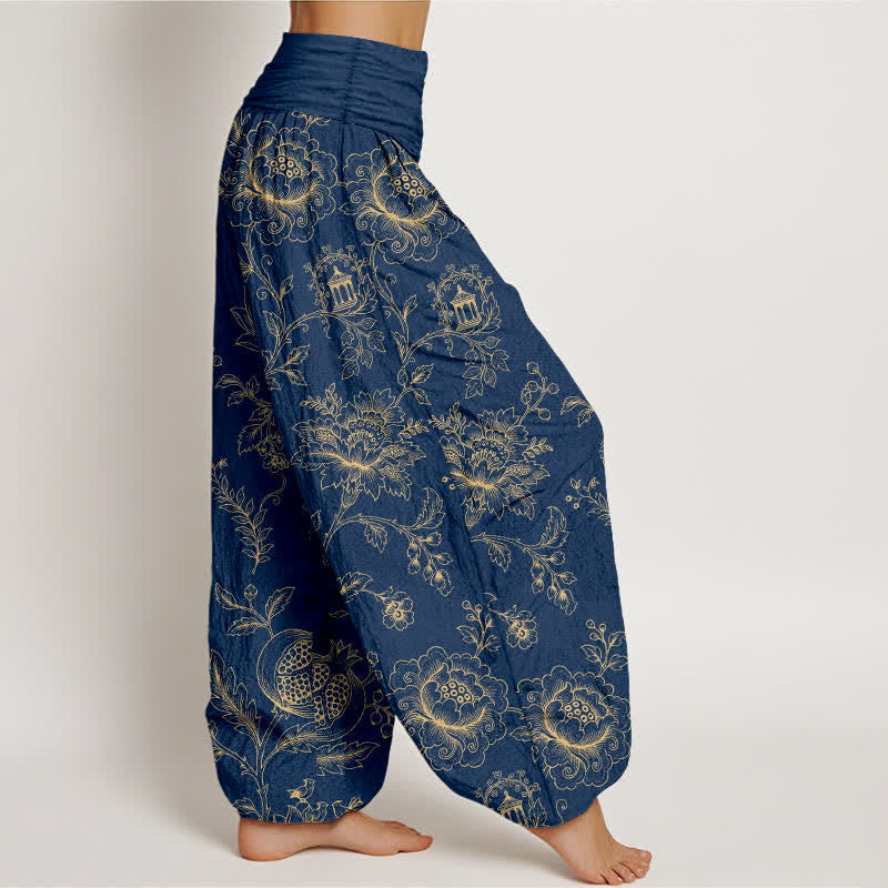 Buddha Stones Pantaloni harem da donna in cotone con motivo floreale dorato e vita elasticizzata. - image 9