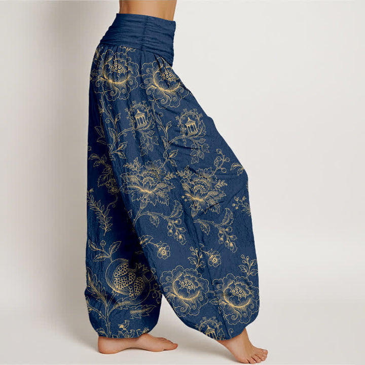 Buddha Stones Pantaloni harem da donna in cotone con motivo floreale dorato e vita elasticizzata. - image 9