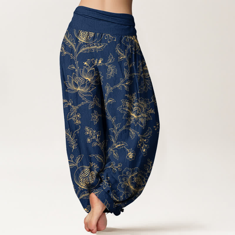 Buddha Stones Pantaloni harem da donna in cotone con motivo floreale dorato e vita elasticizzata. - image 10