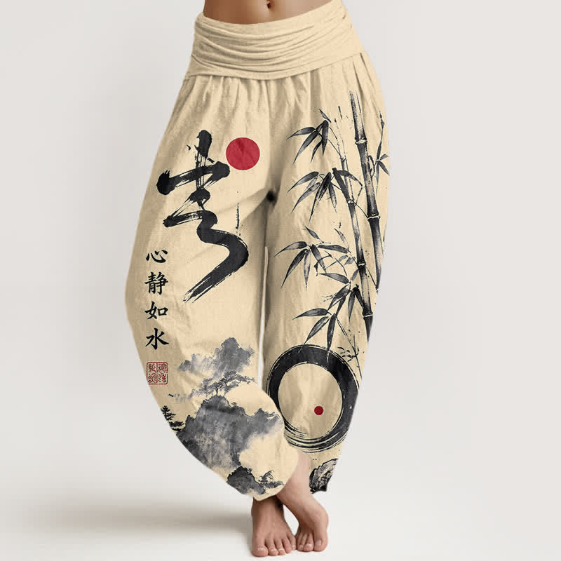 Buddha Stones Pantaloni harem da donna in cotone con stampa paesaggio e inchiostro di bambù, con elastico in vita. - LemonChiffon - US16, UK/AU20, EU48 (3XL) - image 0