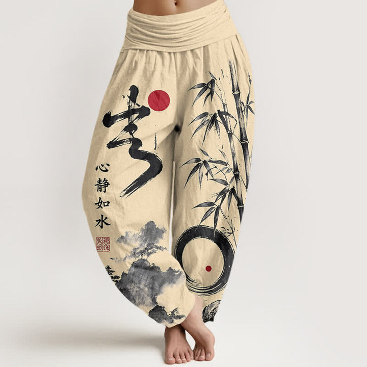 Buddha Stones Pantaloni harem da donna in cotone con stampa paesaggio e inchiostro di bambù, con elastico in vita. - LemonChiffon - US16, UK/AU20, EU48 (3XL) - image 0