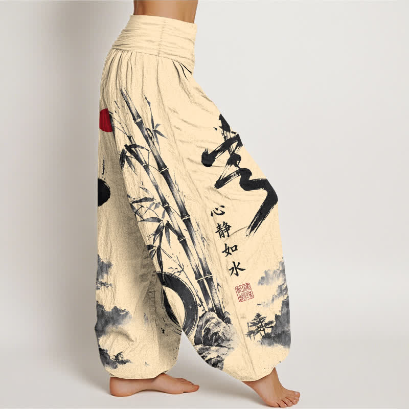 Buddha Stones Pantaloni harem da donna in cotone con stampa paesaggio e inchiostro di bambù, con elastico in vita. - image 1