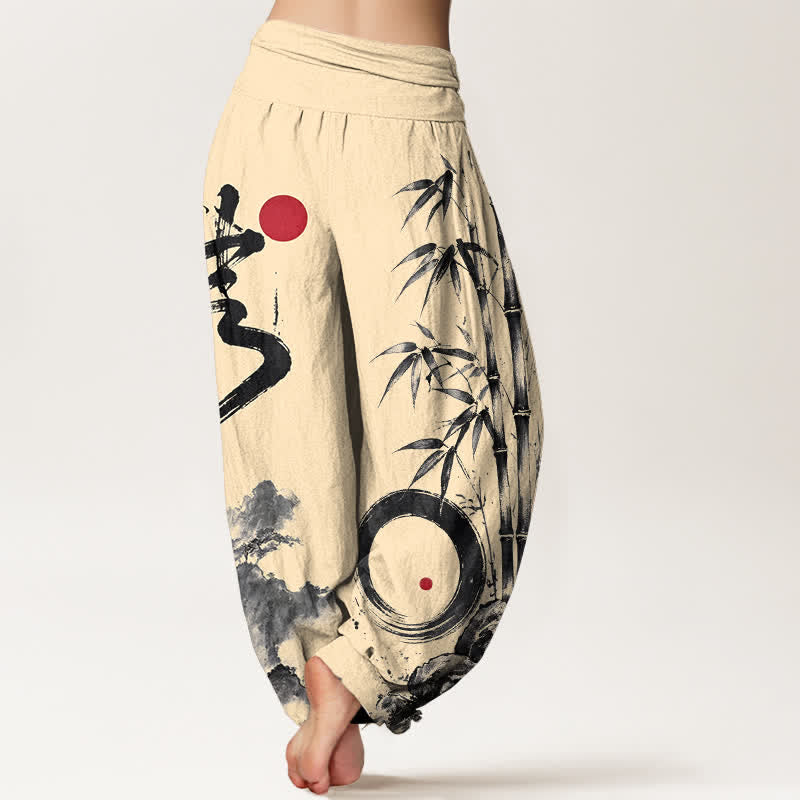 Buddha Stones Pantaloni harem da donna in cotone con stampa paesaggio e inchiostro di bambù, con elastico in vita. - image 2