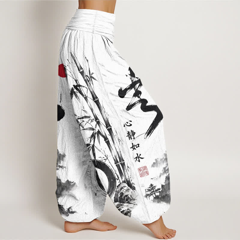 Buddha Stones Pantaloni harem da donna in cotone con stampa paesaggio e inchiostro di bambù, con elastico in vita. - image 6