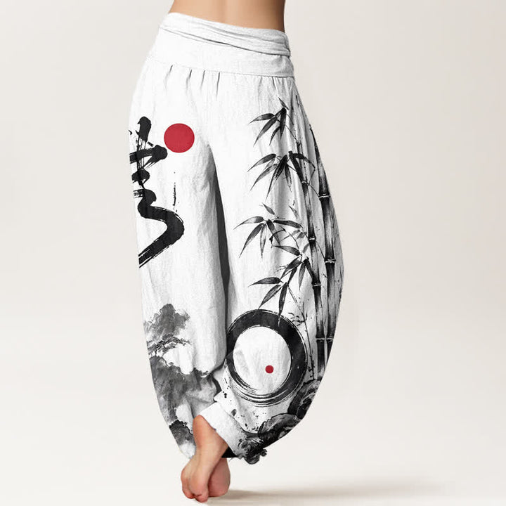 Buddha Stones Pantaloni harem da donna in cotone con stampa paesaggio e inchiostro di bambù, con elastico in vita. - image 7