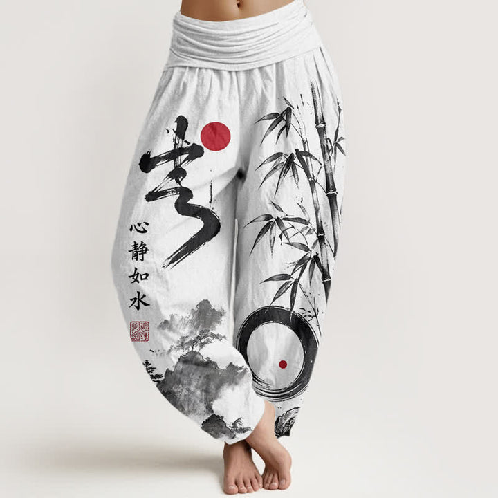 Buddha Stones Pantaloni harem da donna in cotone con stampa paesaggio e inchiostro di bambù, con elastico in vita. - Bianco - US16, UK/AU20, EU48 (3XL) - image 5