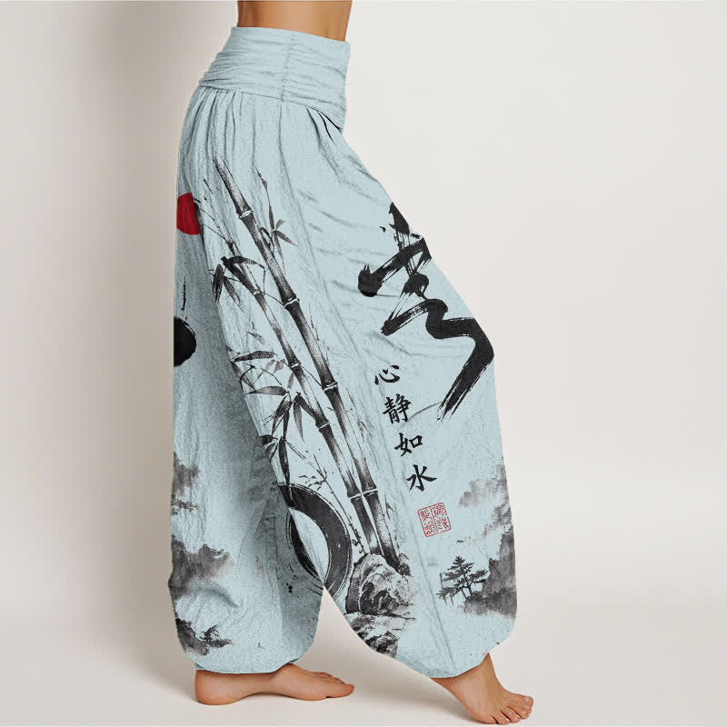 Buddha Stones Pantaloni harem da donna in cotone con stampa paesaggio e inchiostro di bambù, con elastico in vita. - image 9