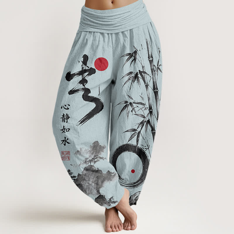 Buddha Stones Pantaloni harem da donna in cotone con stampa paesaggio e inchiostro di bambù, con elastico in vita. - Azzurro polvere - US16, UK/AU20, EU48 (3XL) - image 8