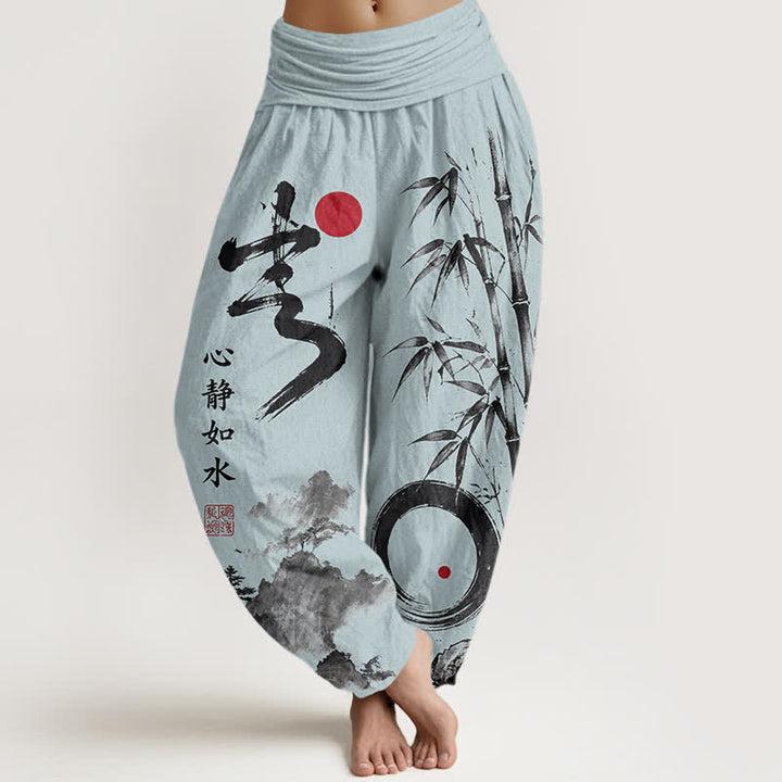 Buddha Stones Pantaloni harem da donna in cotone con stampa paesaggio e inchiostro di bambù, con elastico in vita. - Azzurro polvere - US16, UK/AU20, EU48 (3XL) - image 8