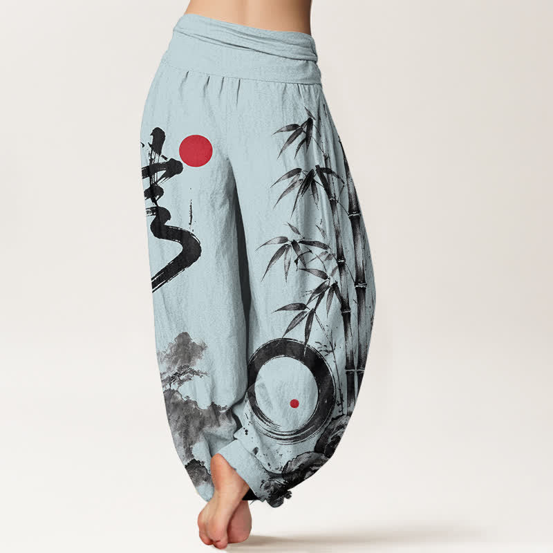 Buddha Stones Pantaloni harem da donna in cotone con stampa paesaggio e inchiostro di bambù, con elastico in vita. - image 10