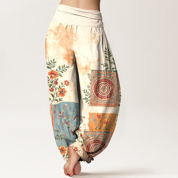 Buddha Stones Pantaloni harem da donna in cotone stile bohémien con motivo floreale patchwork e vita elasticizzata. - image 2