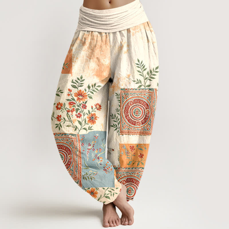 Buddha Stones Pantaloni harem da donna in cotone stile bohémien con motivo floreale patchwork e vita elasticizzata. - Avorio - US16, UK/AU20, EU48 (3XL) - image 0