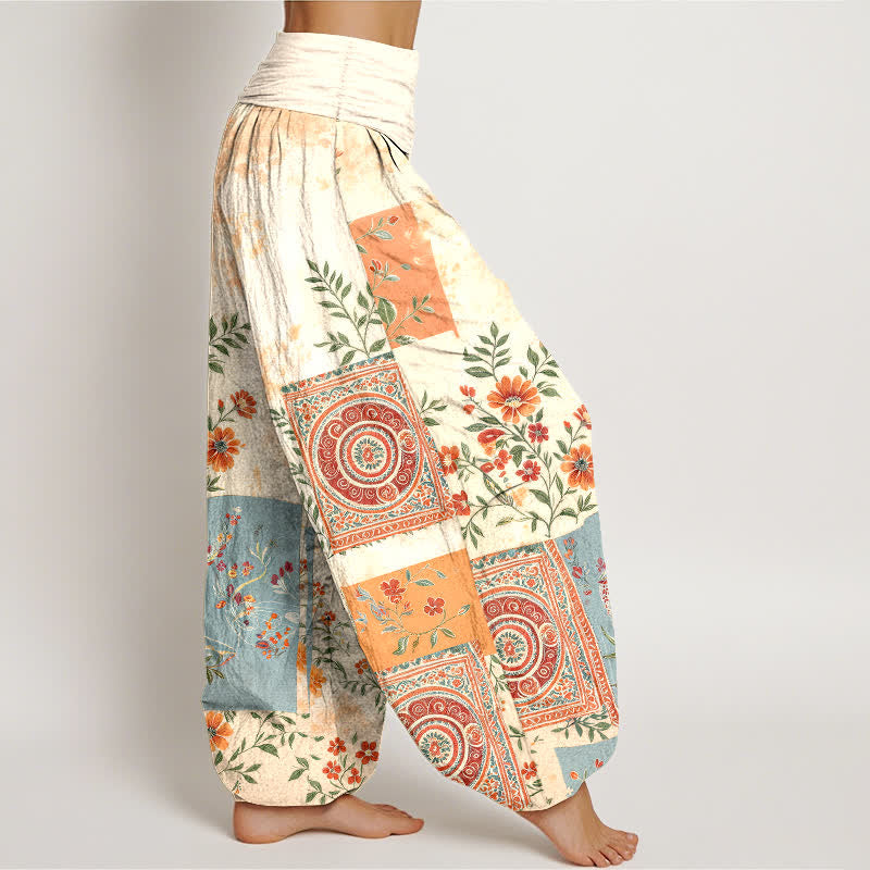 Buddha Stones Pantaloni harem da donna in cotone stile bohémien con motivo floreale patchwork e vita elasticizzata. - image 1