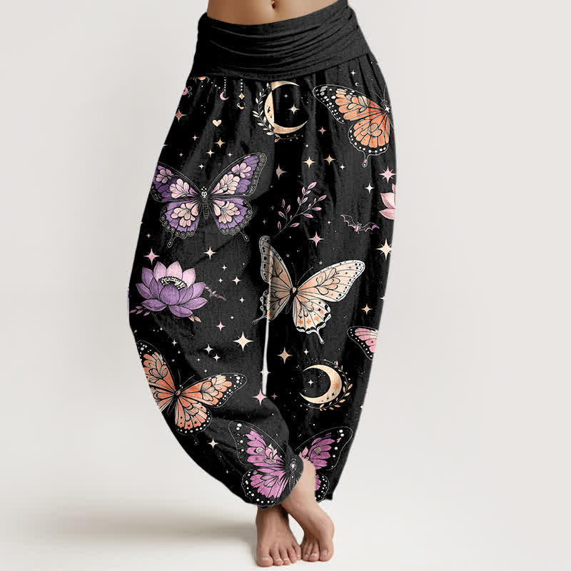 Buddha Stones Pantaloni harem da donna in cotone con motivo a farfalle, luna e loto, con elastico in vita. - Nero - US16, UK/AU20, EU48 (3XL) - image 0