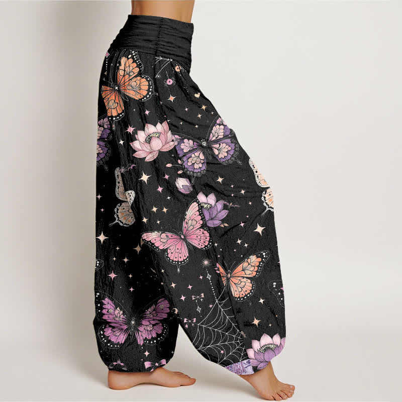 Buddha Stones Pantaloni harem da donna in cotone con motivo a farfalle, luna e loto, con elastico in vita. - image 1
