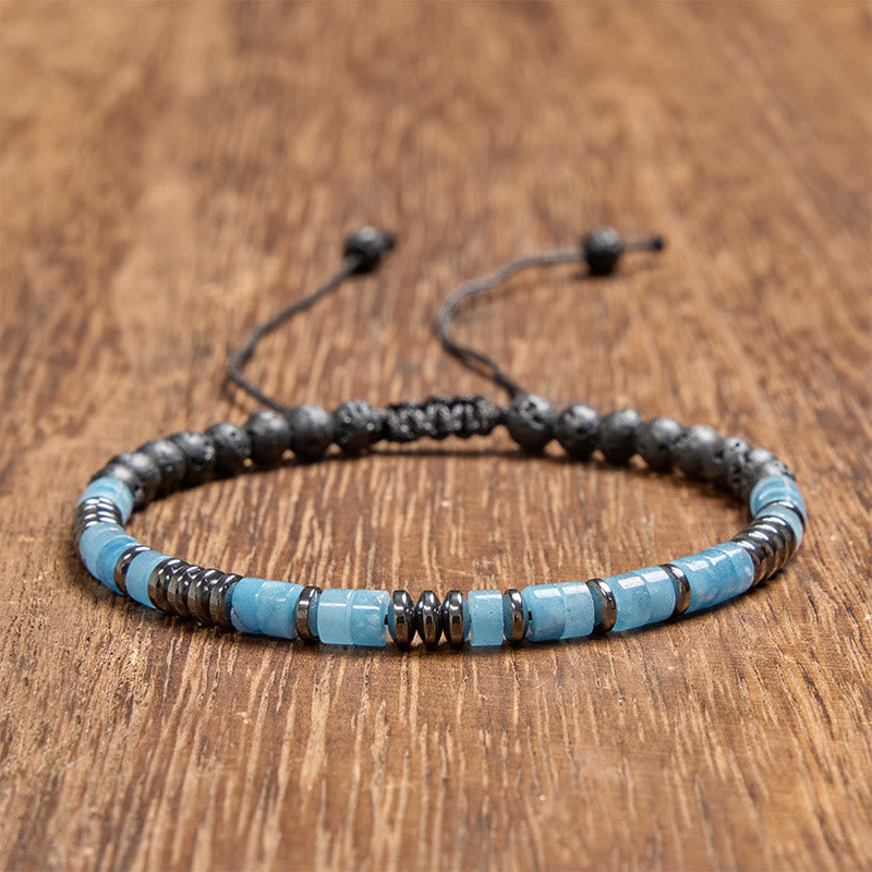 Buddha Stones Bracciale in pietra lavica color acquamarina con dettagli argentati. - Acquamarina (Circonferenza del polso: 6,3-7,1 pollici / 16-18 cm) - image 0