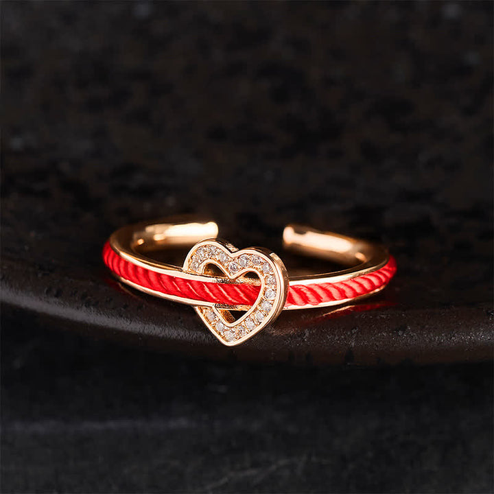 Buddha Stones Anello aperto a forma di cuore con cordino rosso rame e portafortuna. - Anello in oro rosa (taglia US8) - image 9