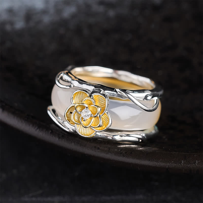 Buddha Stones Anello portafortuna a doppio utilizzo con calcedonio giallo miele e osmanto - image 1